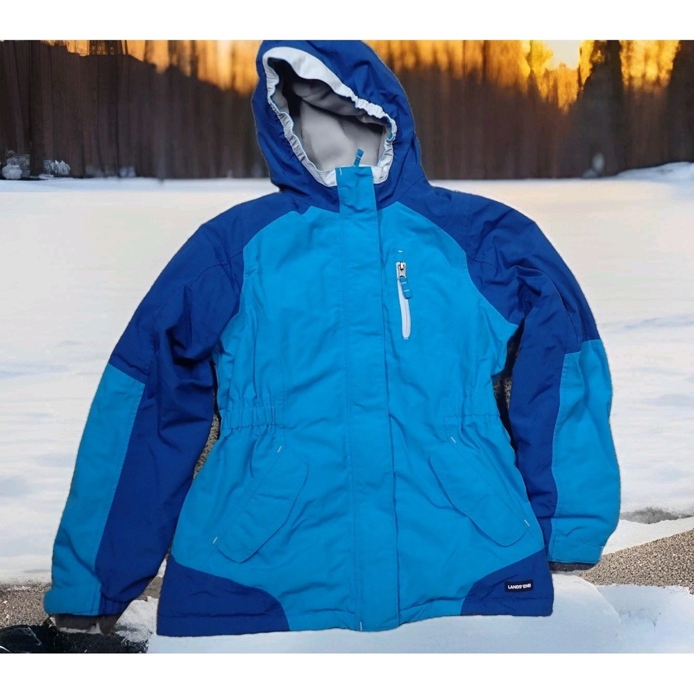Lands' End Winter Parka Girls XL 16 Blue Excellent Colorblock Hooded Jacket